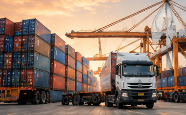 Logistics containers and truck at sunset